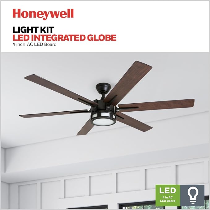 Honeywell Ceiling Fans Kaliza Modern 56 Inch Ceiling Fan with Light, Remote Control Fan, LED Indoor Fan with 6 Blades, Gray Oak and Light Oak Blade Finish Options, Bronze (51036-01)