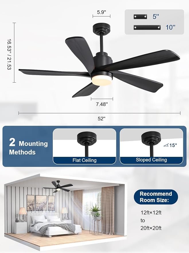 Sofucor Ceiling Fan with Lights and Remote, 52 Inch Modern Wood Ceiling Fan for Indoor Farmhouse Bedroom Living Room Outdoor Patio Porch (Black, 52 inch)