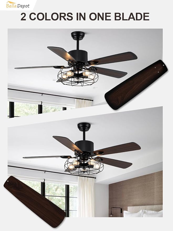 Bella Depot 52" Industrial Ceiling Fan Farmhouse Caged Chandelier Fan with Light Remote Vintage Rustic Indoor Fandelier with Silent Motor for Dining Living Room Bedroom Porch Outdoor (Coffee)