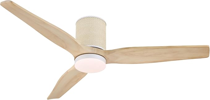 LEDLUX 52" Ceiling Fan with Light - Low Profile Flush Mount Ceiling Fan, 6-Speed Remote Control, Solid Wood, Quiet Reversible DC Motor, Boho Style, for Bedroom, Living Room, Porch, Light Oak/White