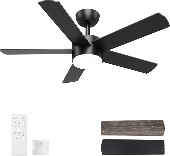 POCHFAN 42 inch Black Ceiling Fans with Lights and Remote Control, LED Ceiling Fan Dimmable 3 CCT 6-Speed, Noiseless Modern Ceiling Fan for Bedroom, Living Room, Dining Room, ETL Listed
