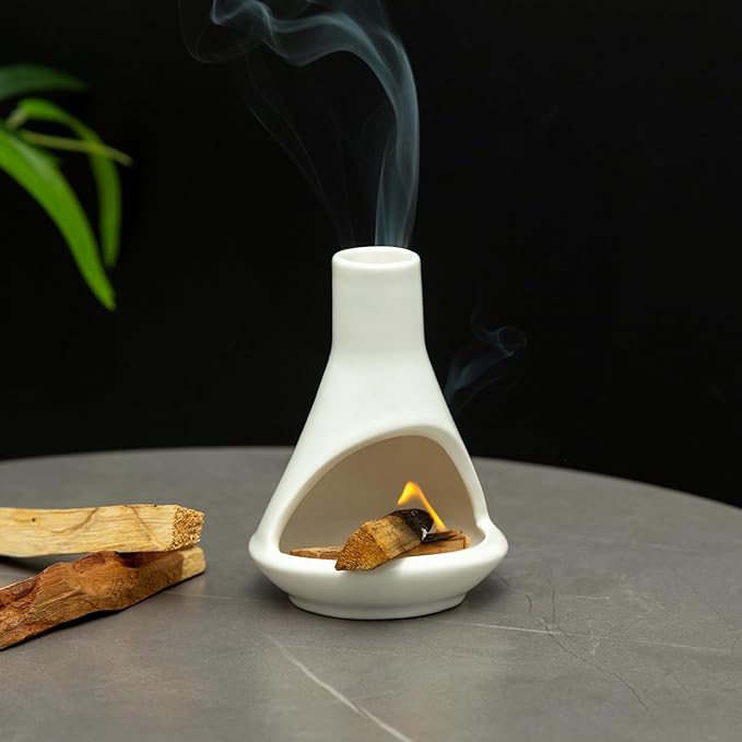 MOUGIGI Ceramic Chiminea Palo Santo Holder and Burner - Modern Medieval Incense Candle and Matchstick Mini Chiminea for Wood Sticks and Bulk Incense with Ash Catcher - Zen-Inspired Home Decor Gift