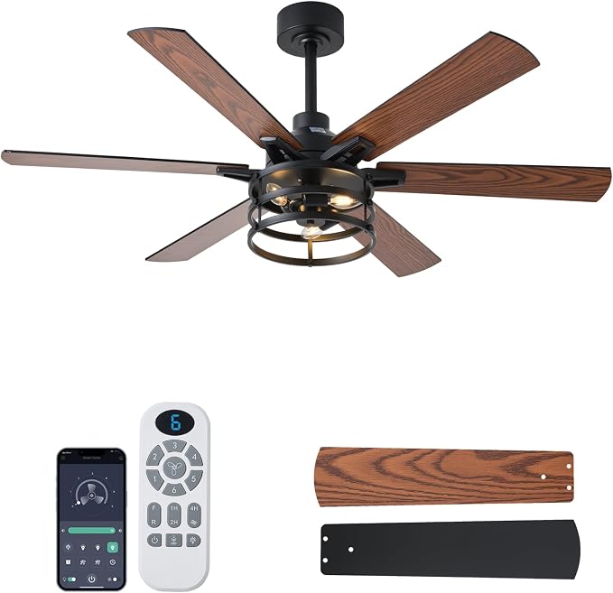 NKPU 52 Inch Farmhouse Ceiling Fan with Light and Remote, Brown Industrial Caged Rustic Ceiling Fan with 6 Speed Reversible Motor and Dual Finish 6 Blades, Rustic Ceiling Fan for Living