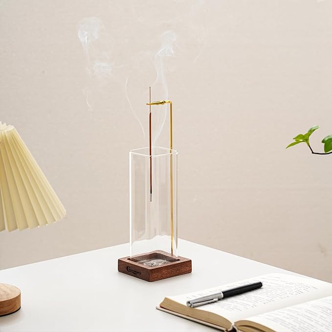 Ceremony Incense Holder,2Pack Wood Incense Holder for Sticks with Glass Ash Catcher,Incense Burner for Meditation Yoga Spa Room Decor