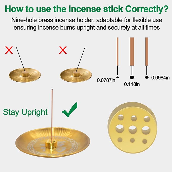 2 in 1 Incense Burner Tray with 9 Holes Stand Base, 4.72 inch Brass Incense Holder for Incense Sticks/Cones, Incense, Brass Ash Catcher for Meditation Yoga Roomr,Home Fragrance Decoration