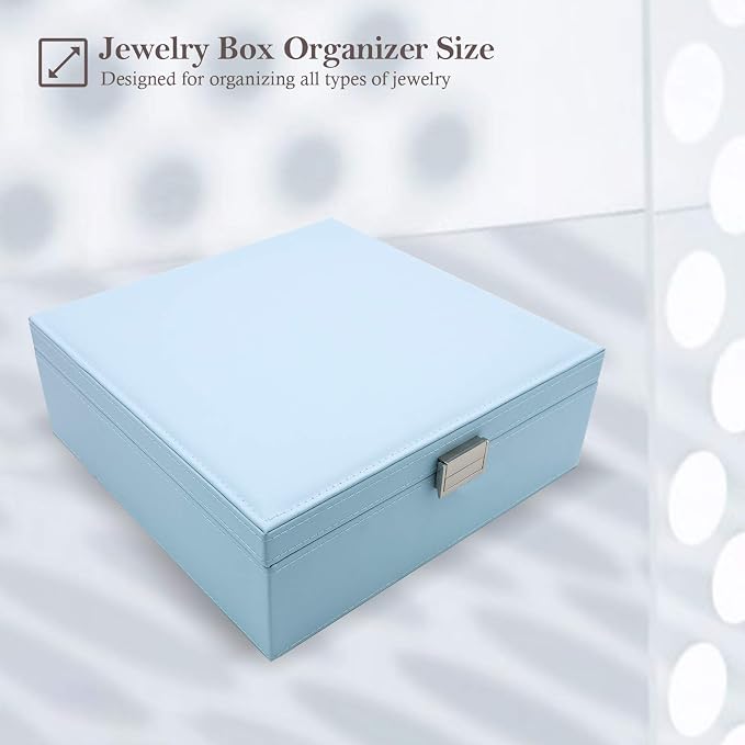 ProCase 2 Layers Jewelry Box for Women -Blue | Large Leather Jewelry Organizer Storage Case with Removable Pad for Earrings