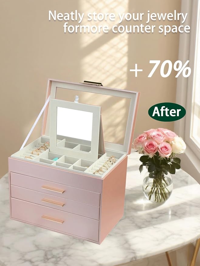 BOOVO Jewelry Boxes for Women, White and Black 6 Layer Large Jewelry Box for Necklace, Bracelet, Earrings, Rings Storage, Jewelry holder Organizer for Girls Gift (Rose gold, 4 layer)
