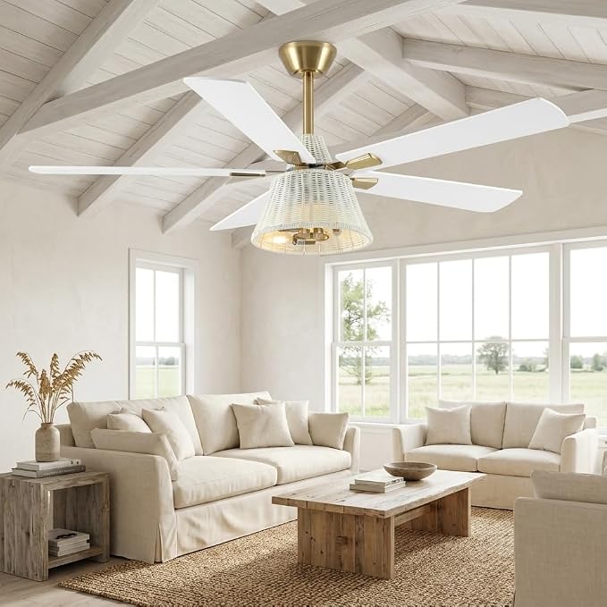 52 Inch Boho Rattan Ceiling Fan with Light and Remote, White Farmhouse Caged Ceiling Fan, 6-Speed Reversible DC Motor, Quiet Flush Mount Ceiling Fan for Bedroom Living Room Patio Indoor Outdoor