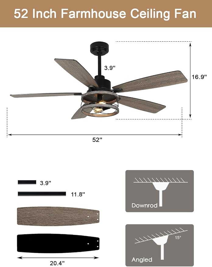52" Farmhouse Ceiling Fan with Lights and Remote Rustic Fandelier | Wood Caged Fandalier Industrial Chandelier, for Bedroom Living Room, Reversible DC Motor 6 Speed, 3 E26 Bulbs (Not Included)
