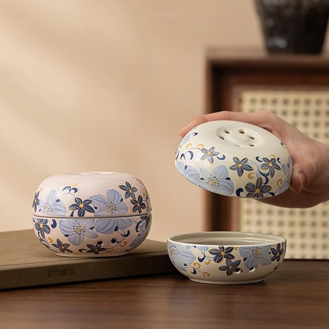 Blue Ceramic Incense Burner - Lily Flower Pattern insence Holder for Frankincense, Bakhoor, Charcoal, Stick, Powder, Cone, Coil, and Tower Incense