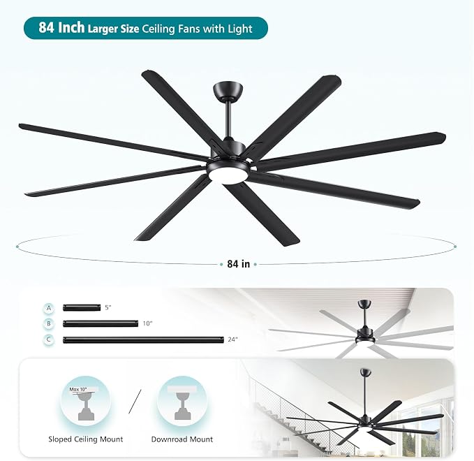 Modern 84 Inch Led Ceiling Fans With Lights, 1-6 Wind Speeds 3cct Black 84" Indoor | Outdoor Large Ceiling Fans With Lights And Remote For Warehouses Patios Porch Barns