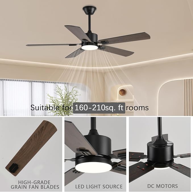 FUMLTP 52 inch Modern Ceiling Fans with Lights APP/Remote Control, Low Profile Reversible 6 Speeds Dimmable Ceiling Fan Light for Indoor/Outdoor Bedroom Living Room（Brown）