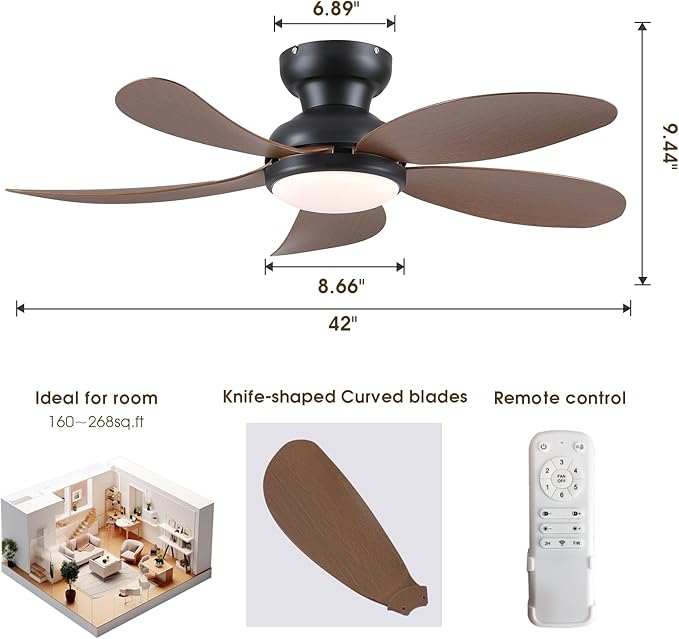 PHORUS 42" Brown Modern Low Profile Ceiling Fans with Lights and Remote | Super Large Airflow with 6 Wind Speeds, Reversible, Dimmable 3 CCT LED, 30W Noiseless DC Motor,Timer, for Bedroom Kitchen