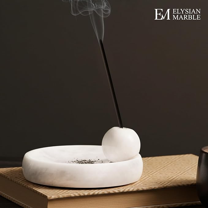 Incense Holder for Sticks, Natural Marble Incense Burner Ash Catcher Plate for Palo Santo, Sage, Meditation, Yoga and Home Decor - White
