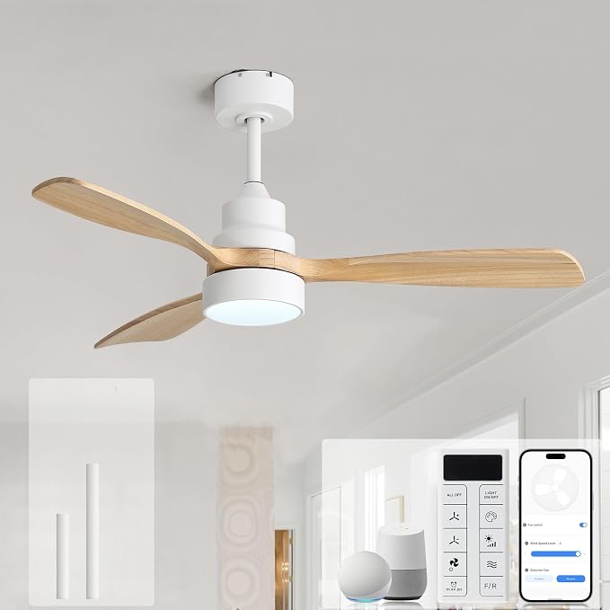 Sofucor 48 Inch Smart Ceiling Fans with Lights-Flush Mount & Downrod Mount Modern Outdoor Ceiling Fans with Alexa/Google Assistant/APP/Remote Control for Bedroom/Farmhouse/Patio, White & Natural Wood