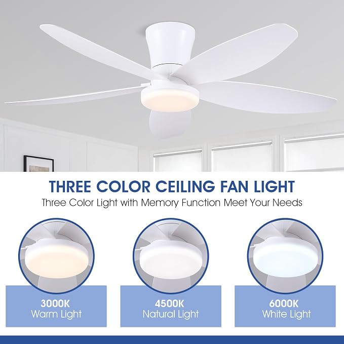 Surtime 42" Ceiling Fans with Lights-Low Profile Ceiling Fan with Light and Remote/APP Control,Flush Mount,DC Reversible,LED Dimmable Modern Ceiling Fans for Bedroom,Indoor/Outdoor Patio Use(White)