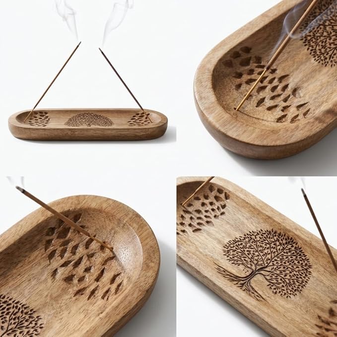 Bless-International Traditional-Handmade-Tray-Burner Wooden-Trat-Incense-Stick-Holder Ash-Catcher-Stand for-Aromatherapy-Meditation-Yoga (Nature Tree, 11x4x1.22 Inches)
