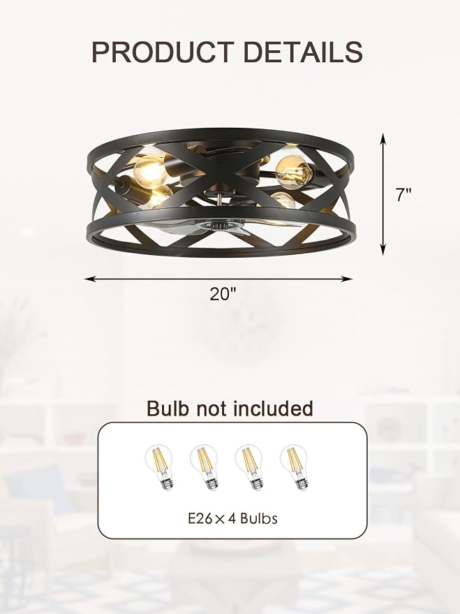 20 Inch Caged Ceiling Fan Light with Remote, Black Flush Mount Bladeless | Ceiling Fan with 6 Speed Reversible DC Motor, Fandelier Ceiling Fans with Lights for Kitchen bedroom
