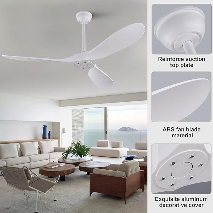 KBZZ 60 Inch Ceiling Fans without Lights and Remote Control, 3 ABS Blade White Ceiling Fan, Quiet 6 Speeds DC Motor Ceiling Fan No Light, Indoor Outdoor Ceiling Fans for Patio, Living Room, Bedroom