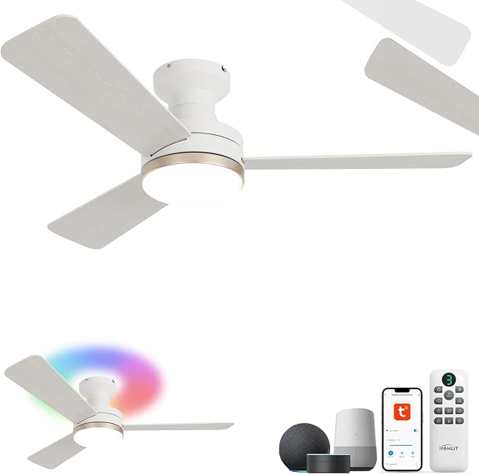 42" RGB Ceiling Fan with Light, Music Sync Smart Fan Works with Alexa/Google Assistant/App Control, Low Profile Flush Mount, 6-Speed Quiet DC Motor, 4 CCT Dimmable Lighting for Bedroom, Champagne Gold