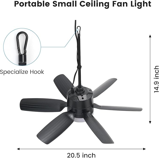 Fanspex 20.5'' Plug in Ceiling Fan with Light for Gazebo Patio Canopy Tent | 5 Fan Speeds with Adjust Lighting for Porch RV Cooling or Air Circulation, Black