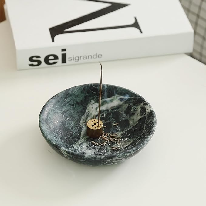 Koville Natural Marble Incense Holder, Incense Holder for Sticks with 9 Holes, Handmade Incense Burner Ash Catcher for Meditation Yoga SPA, Balsam Fir/Palo Santo/Sage/Cone (Green)