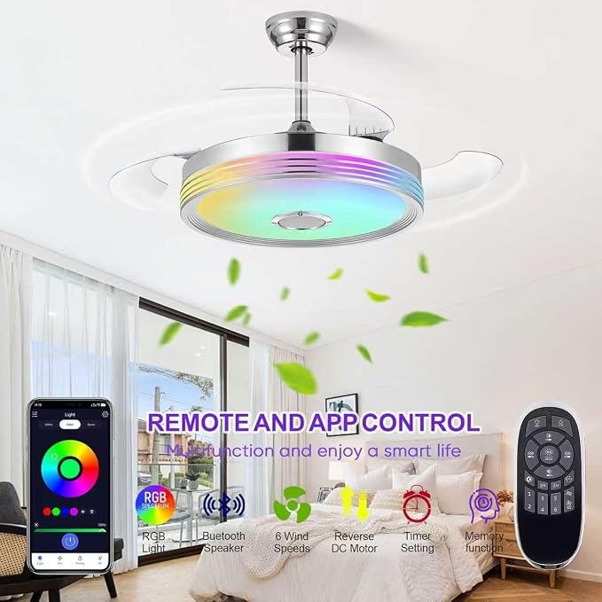 FIDGRA 48'' Retractable Ceiling Fan with Light, Bluetooth Modern Ceiling Fans with Speaker, RGB LED Lights, 6 Speeds, Reversible Motor for Bedroom, Living Room, Party-Chrome