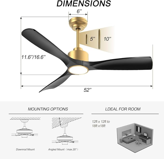 OFANTOP 52 Inch Modern Black Gold Smart Ceiling Fan with Light and Remote | High CFM Quiet DC Motor, 3-Color Dimmable Ceiling Fan Light, Reversible Motor, Timer, for Bedroom Living Room Dining Room