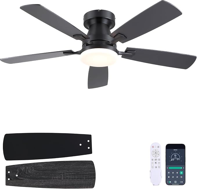 Ceiling Fans with Lights, 48 inch Flush Mount Ceiling Fans with Lights and Remote, Low Profile, Reversible DC Motor, Noiseless, 3CCT, Dimmable LED Ceiling Fan for Bedroom, Living Room, Black