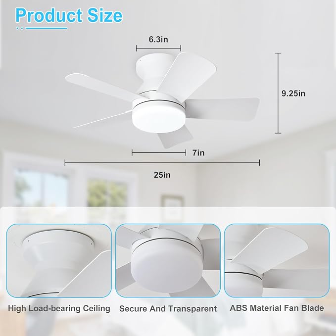 Depuley Modern Ceiling Fan with Light: 25-Inch White Small Fans for Bedroom Indoor Outdoor - Dimmable Low Profile Ceiling Fans with Remote Control Flush Mount 5 Reversible White Blades 6 Speeds Timer