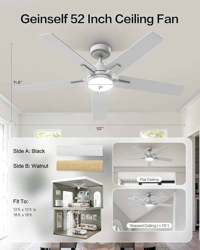 Smart Ceiling Fans with Lights 52 Inch, Ceiling Fan Compatible with Alexa/App/Remote Control,Downrod Mount, 5 Two-Sided Blades, Ultra Silent Reversible DC Motor LED fan for Living Room(White)