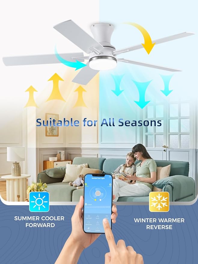 LANMEL 52 Inch Flush Mount Ceiling Fan with Light, App&Remote Control, Low Profile Modern Ceiling Fan, 6 Speed, Reversible, 3000k-6500k Dimmable LED, Quiet DC Motor for Indoor Outdoor, Silver White