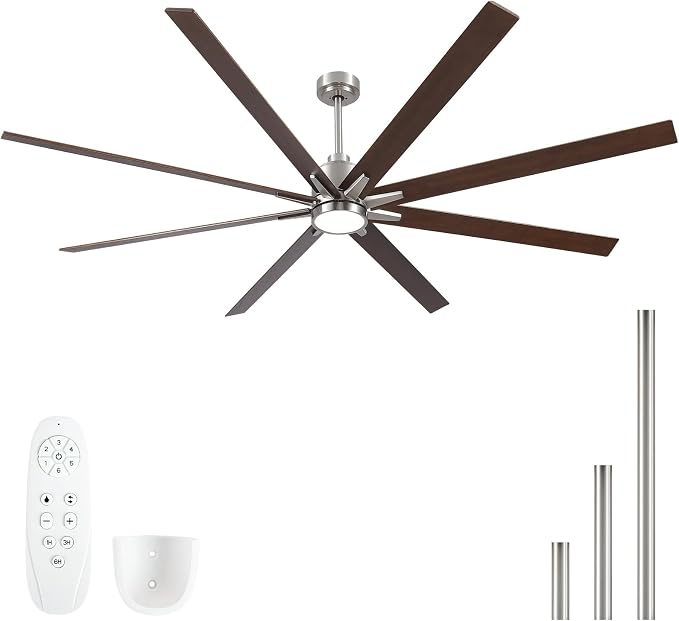 Rayqueen 84 Inch Brushed Nickel Ceiling Fans with Lights and Remote,Downrod | Walnut Blades,6 Speed Reversible DC motor,3-color temperature dimmable LED.5.9/11.8/23.6 inch downrod