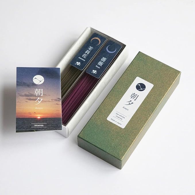 Asayu Japan Low Smoke Incense Gift Set with Incense Holder and Brass Stand, Floral Set (Jasmine & Rose) Incense Sticks with Mini Nature Aquamarine Incense Holder