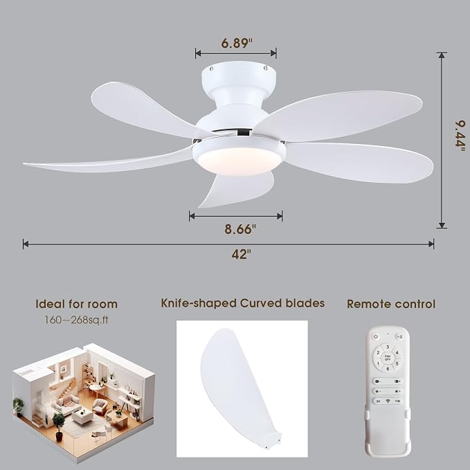 PHORUS 42" White Modern Low Profile Flush Mount Ceiling Fans with Lights | Super Large Airflow with 6 Wind Speeds, Reversible, Dimmable 3 CCT LED, 30W Noiseless DC Motor,Timer, for Bedroom Kitchen