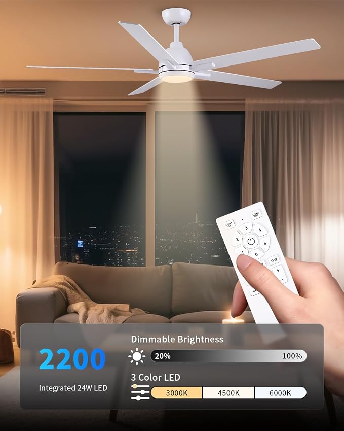 Sevenine 60 Inch Downrod White Ceiling Fan with Light & Remote, ETL Listed | 6 Speed, Quiet DC Motor, 3-Level Timer Function, 3 Color Temperature, Forward/Reserve For all Seasons, Indoor/Covered Outdoor