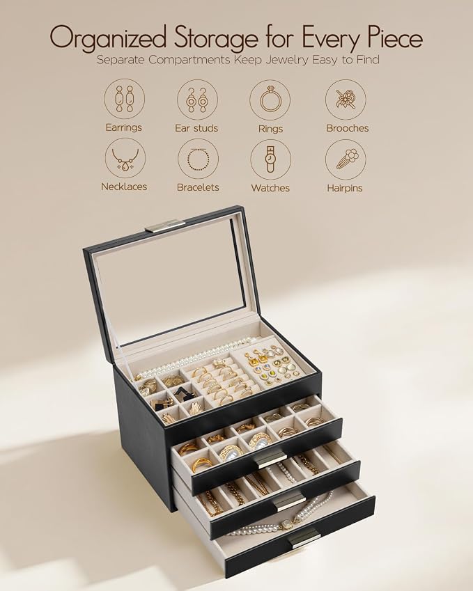 VLANDO Jewelry Box Organizer for Women, 4-Layer Jewelry Storage Case with Glass Lid, Gold Handle, 3 Drawers for Rings, Earrings, Necklaces and Bracelets - Black