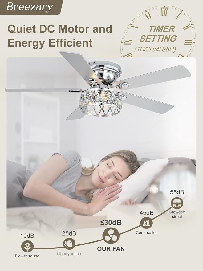 52 Inch Flush Mount Ceiling Fans with Lights and Remote, 5-Blade, 6-Speed Reversible DC Motor, Modern Low Profile Ceiling Fan Crystal Fandeliers for Bedroom Living Room Kitchen (Chrome)