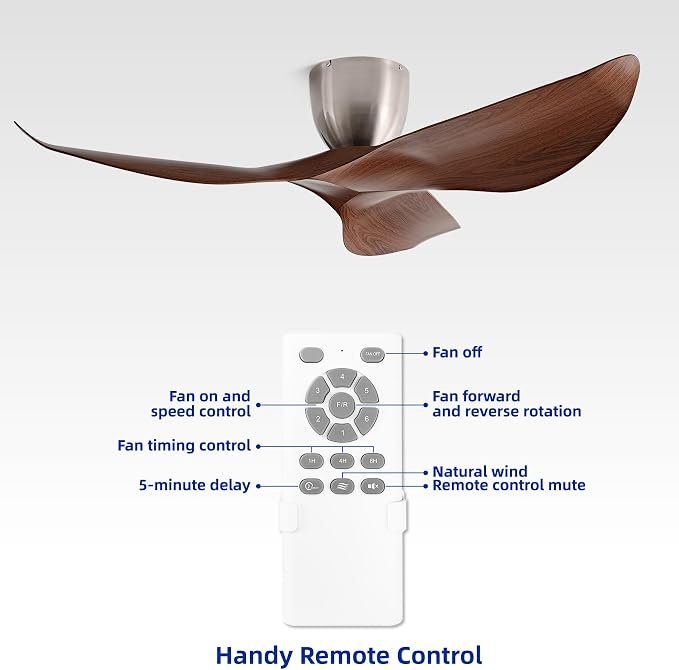 52" Walnut Finish Flush Mount Ceiling Fan with Remote, No Light | Modern Low-Profile, Heat Resistant ABS Blades, 6-Speed Reversible Quiet DC Motor for Balcony, Living Room, Bedroom