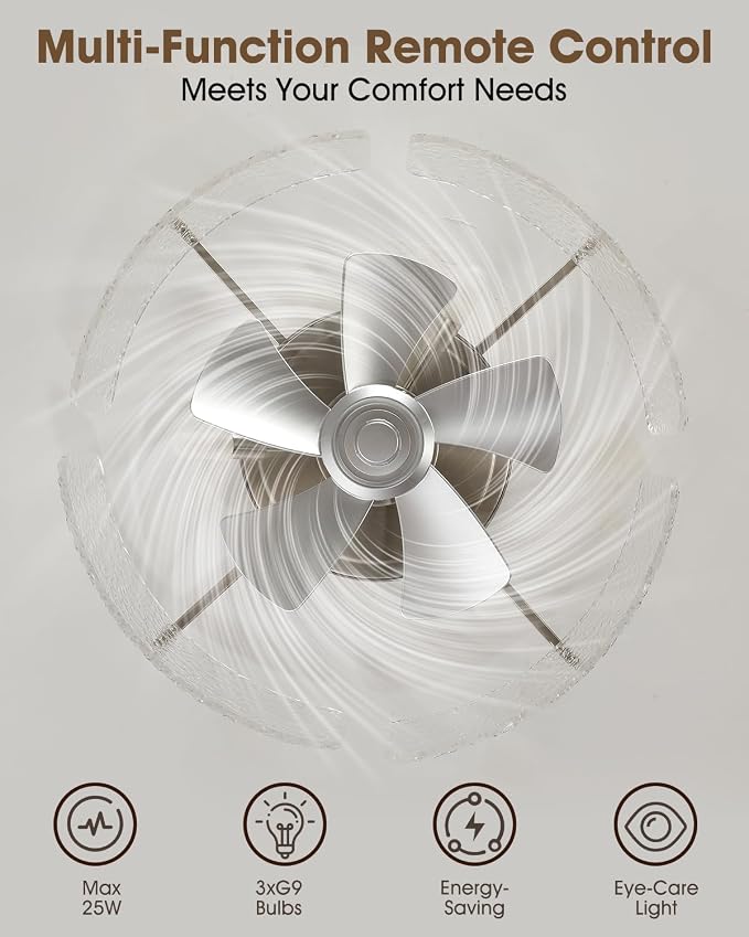 20" Low Profile Caged Ceiling Fan with Light, Modern Flush Mount Ceiling Fans with Remote, Silver Fandelier Ceiling Fan with Reversible DC Motor, Small Ceiling Fans for Bedroom Living Room