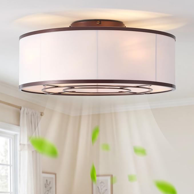Low Profile Ceiling Fans with Lights, 20" Brown Boho Ceiling Fan with Light Flush Mount and Remote Control, Drum Caged with 6 Speeds for Bedroom, Nursery, Living Room