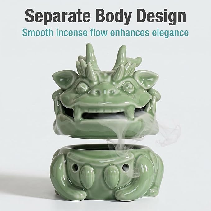 Mini Ceramic Incense Burner - Chinese Classic Plum Green Celadon Glaze, Fragrance Cone & Stick Holder Palo Santo/Sage/Herb Burner for Meditation, Yoga, Desk Decor, Zen Relaxation Gift (Dragon-A)