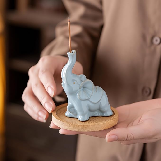 Cute Elephant Incense Holder for Sticks - ZKSYLSM Ceramic Incense Burner with Bamboo Ash Catcher, 3.5" Meditation Decor