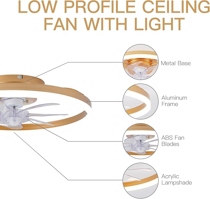 STERREN Modern Gold Ceiling Fans with Lights,20" Dimmable Flush Mount Low Profile Ceiling Fans with Remote Control,Indoor Smart Ceiling Fan with Light for Bedroom