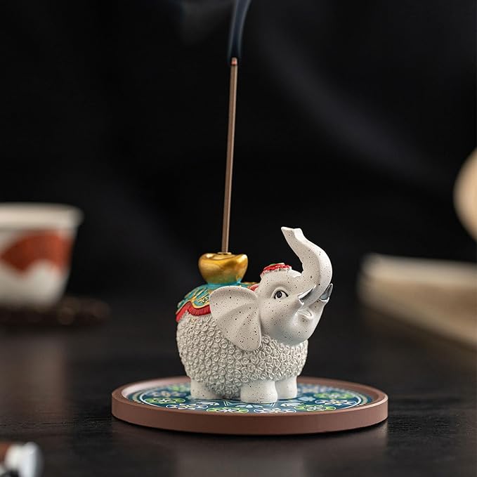 Resin Elephant Incense Stick Holder with Ash Catcher, Small Cute Elephant Incense Burner Holder, Incense Holder for Sticks for Yoga,Meditation,Home Living Room Office Decor, 1 Piece