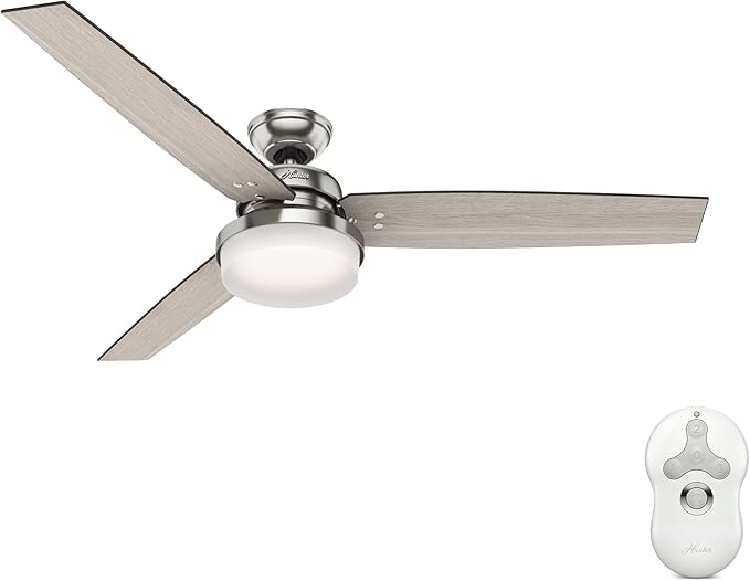 Hunter 60 inch Indoor Ceiling Fan with LED Light and Remote Control - Standard Mount Ceiling Fan, 3 Blades, For Bedroom or Living Room - Sentinel 59459, Brushed Nickel