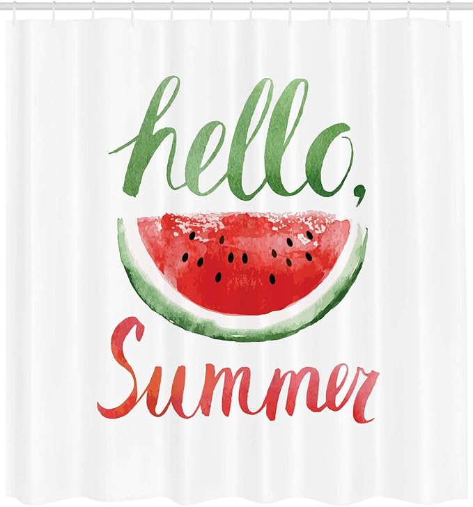 Ambesonne Hello Summer Shower Curtain, Watermelon Calligraphy Fruit Food Summer Painting Effect Modern, Cloth Fabric Bathroom Decor Set with Hooks, 69" W x 70" L, Jade Green and Dark Coral