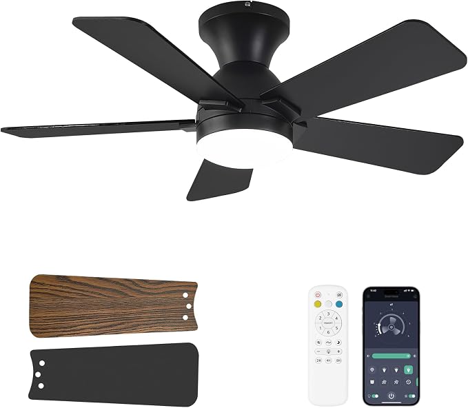 Ceiling Fans with Lights, 36 Inch Low Profile Ceiling Fan with Light and Remote Control, Flush Mount, Reversible, 3CCT, Dimmable LED, Quiet, Black Ceiling Fan for Bedroom, Kitchen, Office