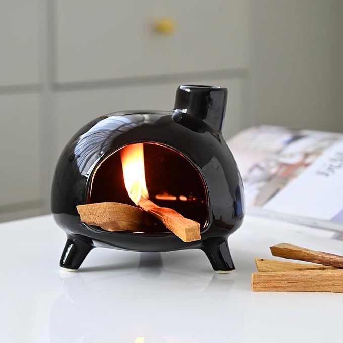 Handmade Ceramic Palo Santo Holder Burner - Mini Chimenea Incense Dish for Palo Santo and Sticks .Sage Holder for for Aromatherapy, Yoga, Meditation Gift and Home Decor (Black1)