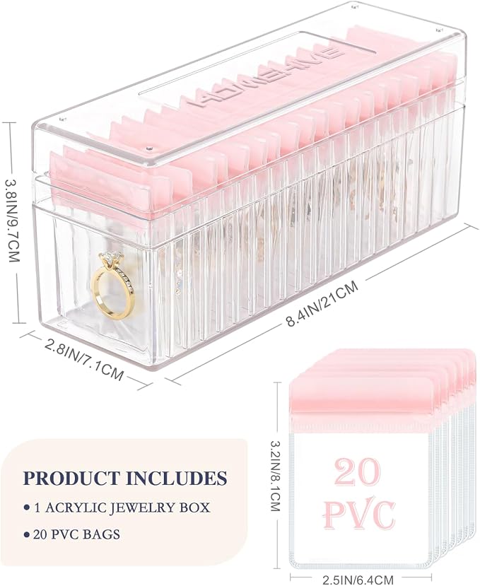 HOMEHIVE Acrylic Jewelry Box Organizer, Clear Jewelry Organizer Holder with 20 Portable Anti Tarnish Jewelry bags, Travel Jewelry Case for Earrings/Rings/Necklaces for Women Girls, Pink